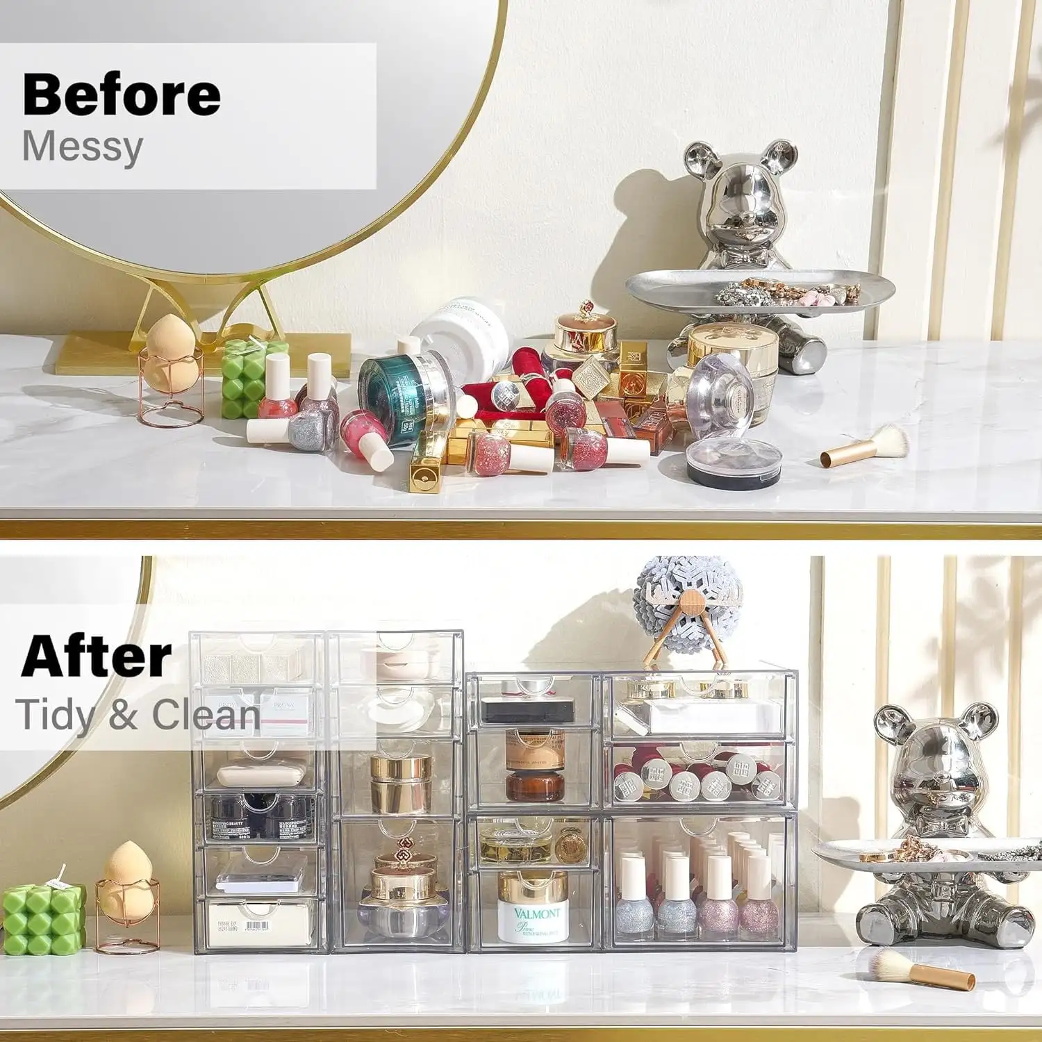 16 Drawers Acrylic Makeup Organizer, 4 Set Clear Desk Storage Drawers, Dustproof Desktop Organizer for Office Supplies, Jewelry, Pens & Cosmetics, Countertop