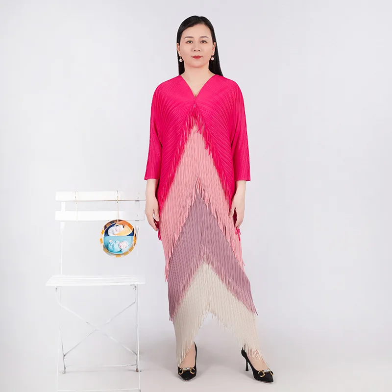 

Ansman Tassel Patchwok Color Block Dress For Women Miyake Pleated Batwing Sleeve Mid-calf Dresses Fashion Female 2023 Summer