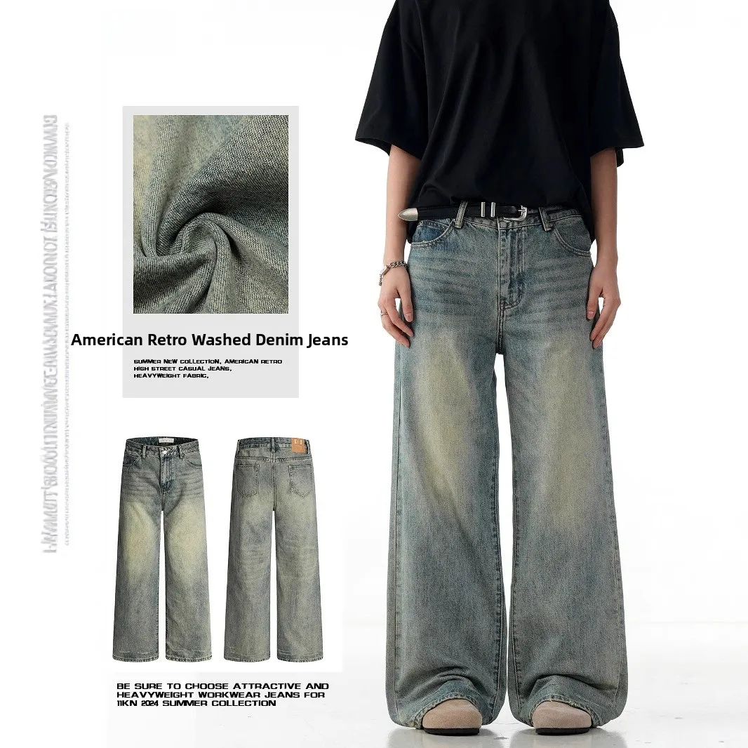 

Retro American Blue Jeans Men Women Straight Leg Loose Wide Leg Slimming Casual Waed Cotton Denim mid Waist Long Trousers