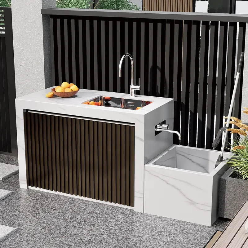 Outdoor Balcony Rock Slab Bar Counter Against Wall Grid Fence Courtyard Open Air Sink Custom Multi Functional Home