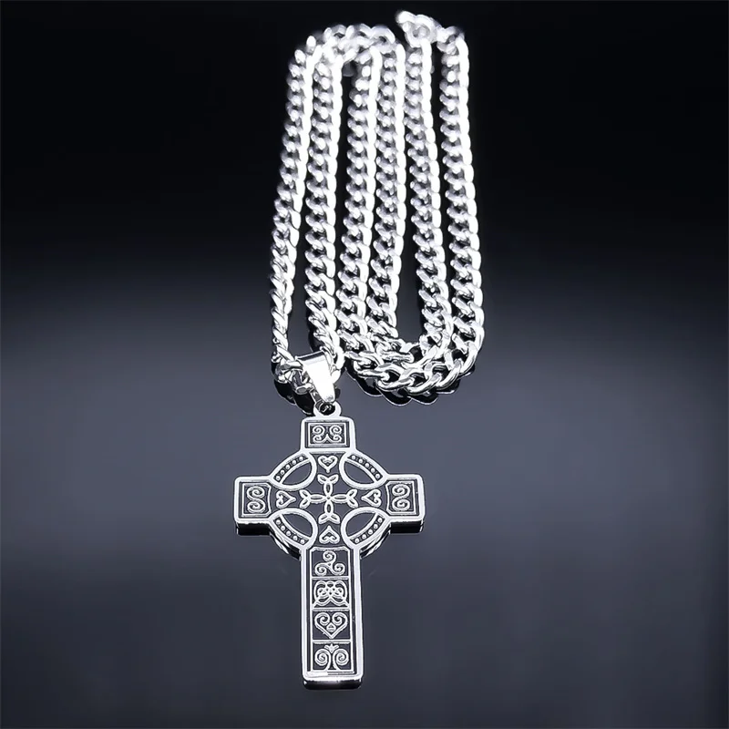 Vintage Viking Celtic Knot Striped Cross Pendant Necklace for Men's Trend Valknut Celtic Cross Accessories Norse Viking Jewelry