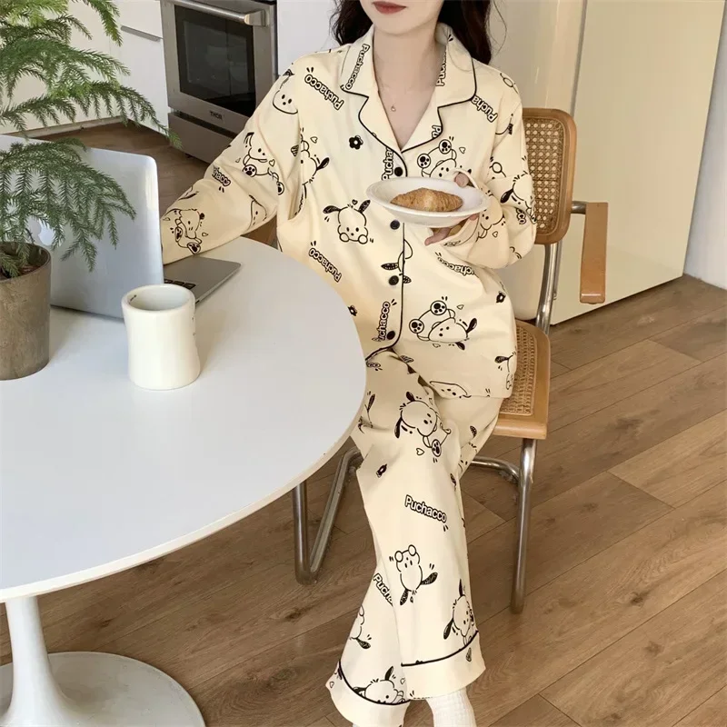 Sanrio Pacha Dog Silk Pajamas Women's Autumn Cotton Long Sleeve Pants Two-piece Set Casual Women's Pajamas Set Pajamas Pants Set