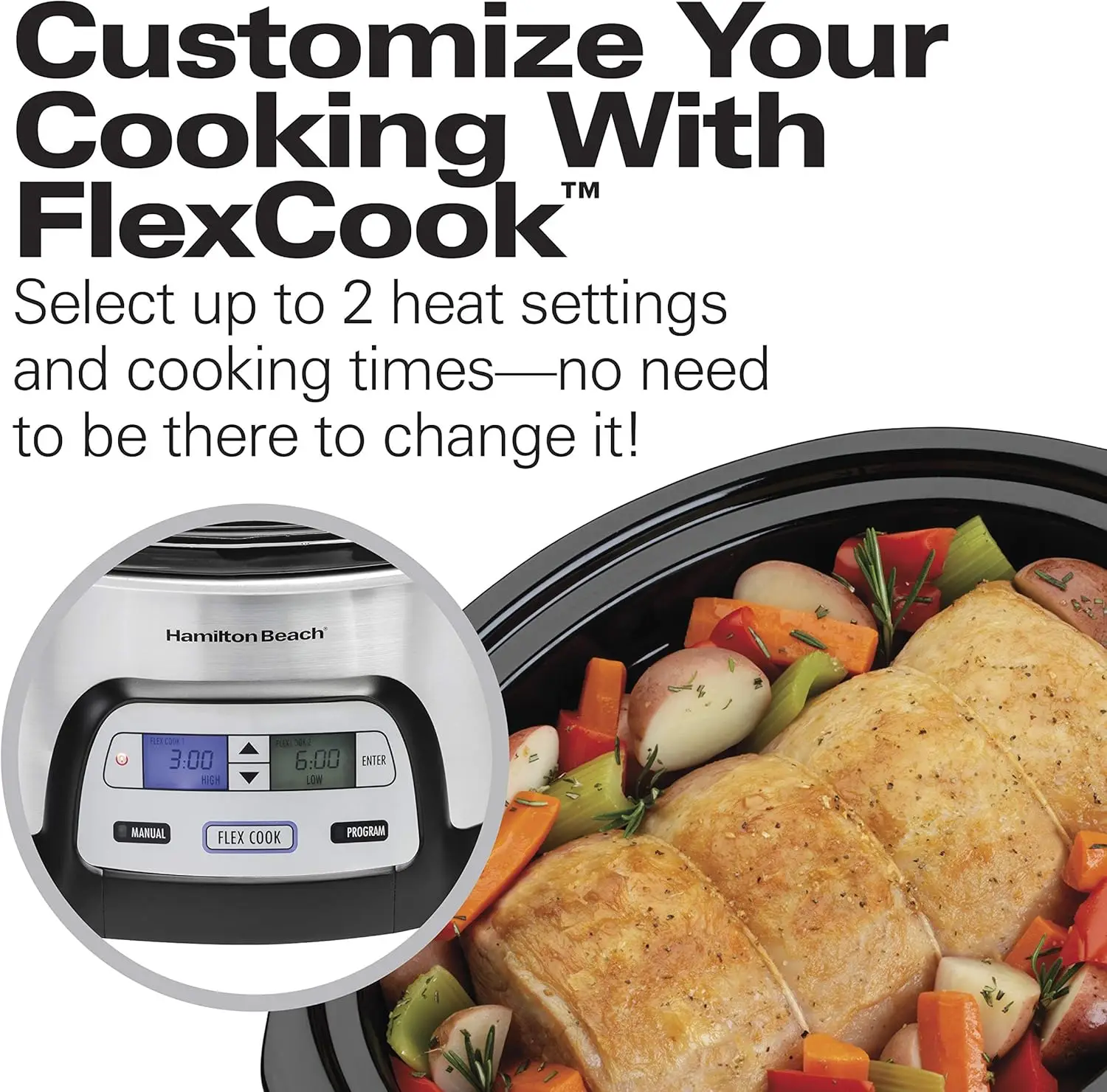 33861 Portable Programmable Slow Cooker, Dishwasher Safe Crock, 6 Qt, FlexCook Dual Digital Timer/2 Heat Settings, Lid Lock for