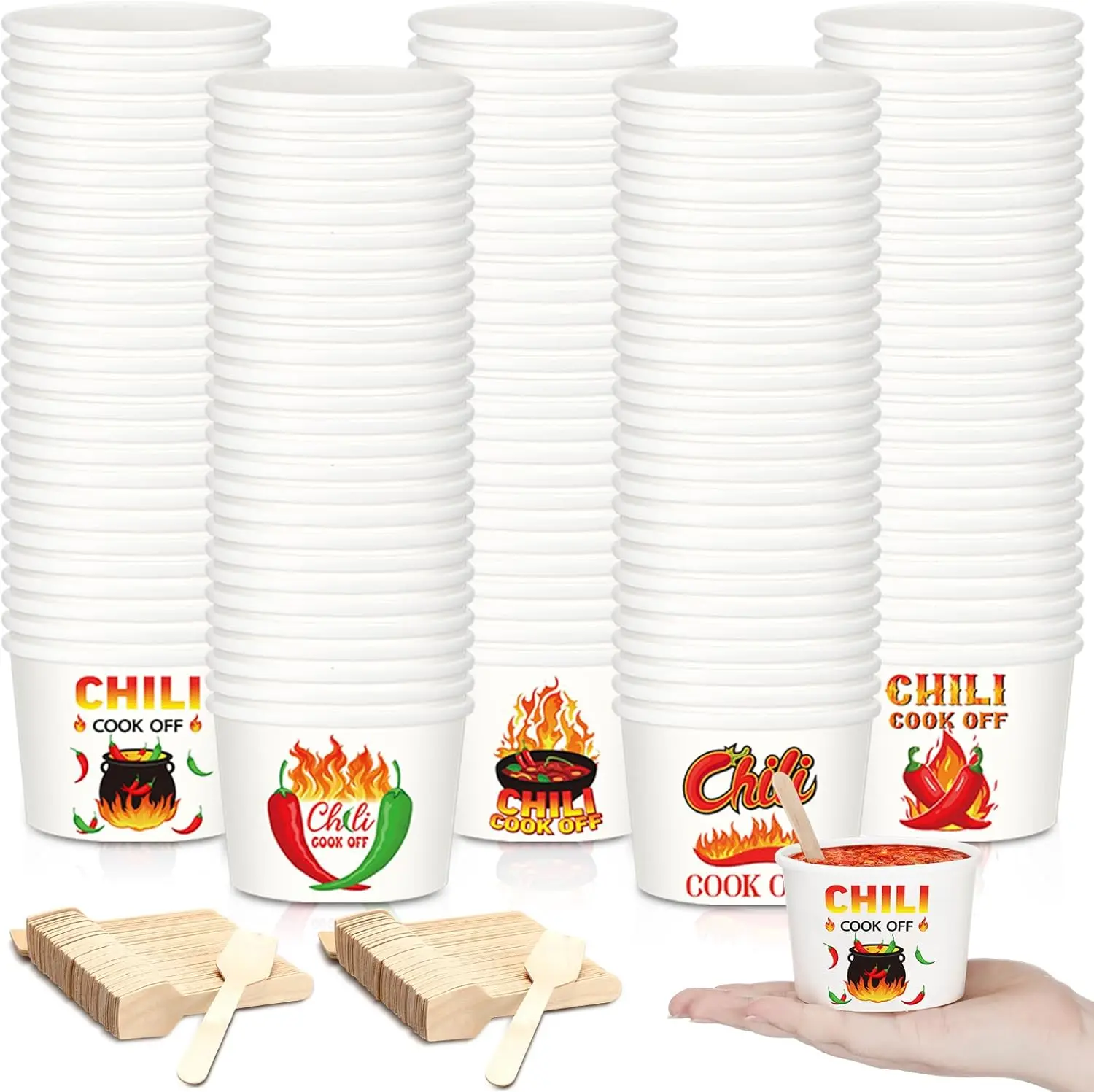 

400 Pcs Chili Cook off Party Decorations Include 200 Disposable Sample Tasting Paper Cups and 200 Wooden Spoons for Chil
