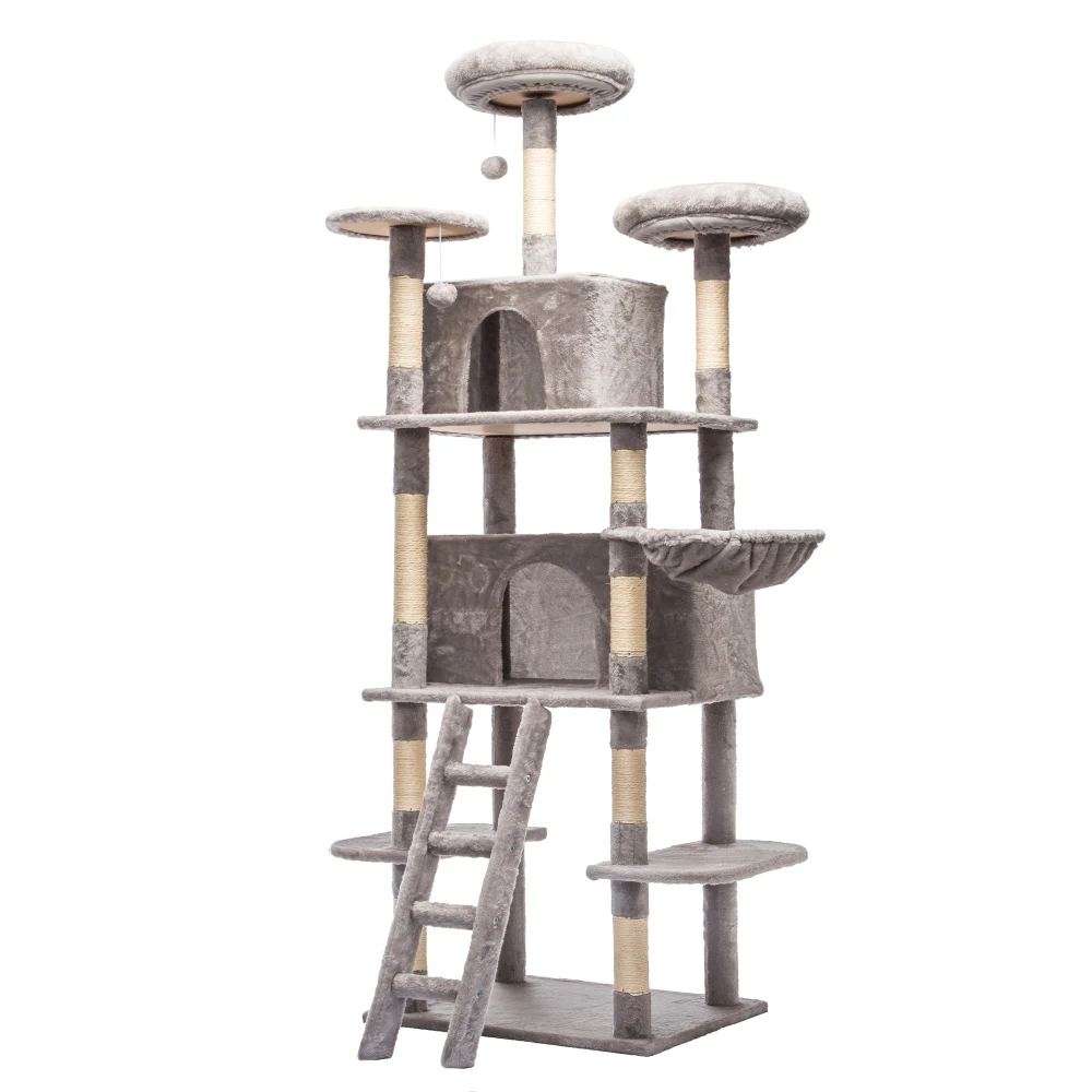 Large 70.87in Cat Tree:2 Condos,3 Perches,Hammock,Skin-Plush,Natural Sisal,Safe for Multi-Cat Families