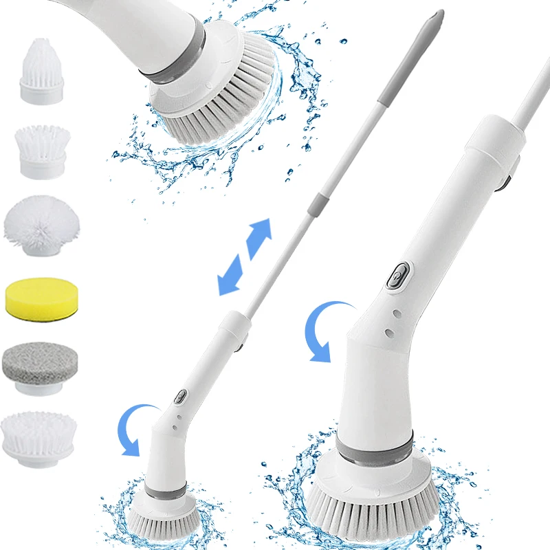 

Electric Rotating Cordless Cleaning Brush with 6 Replaceable Brush Heads Adjustable Extension Arm Bathroom Kitchen Floor Toilet