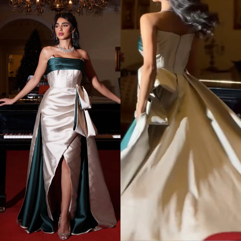 Satin Ruched Engagement A-line Strapless Bespoke Occasion Gown Long Dresses