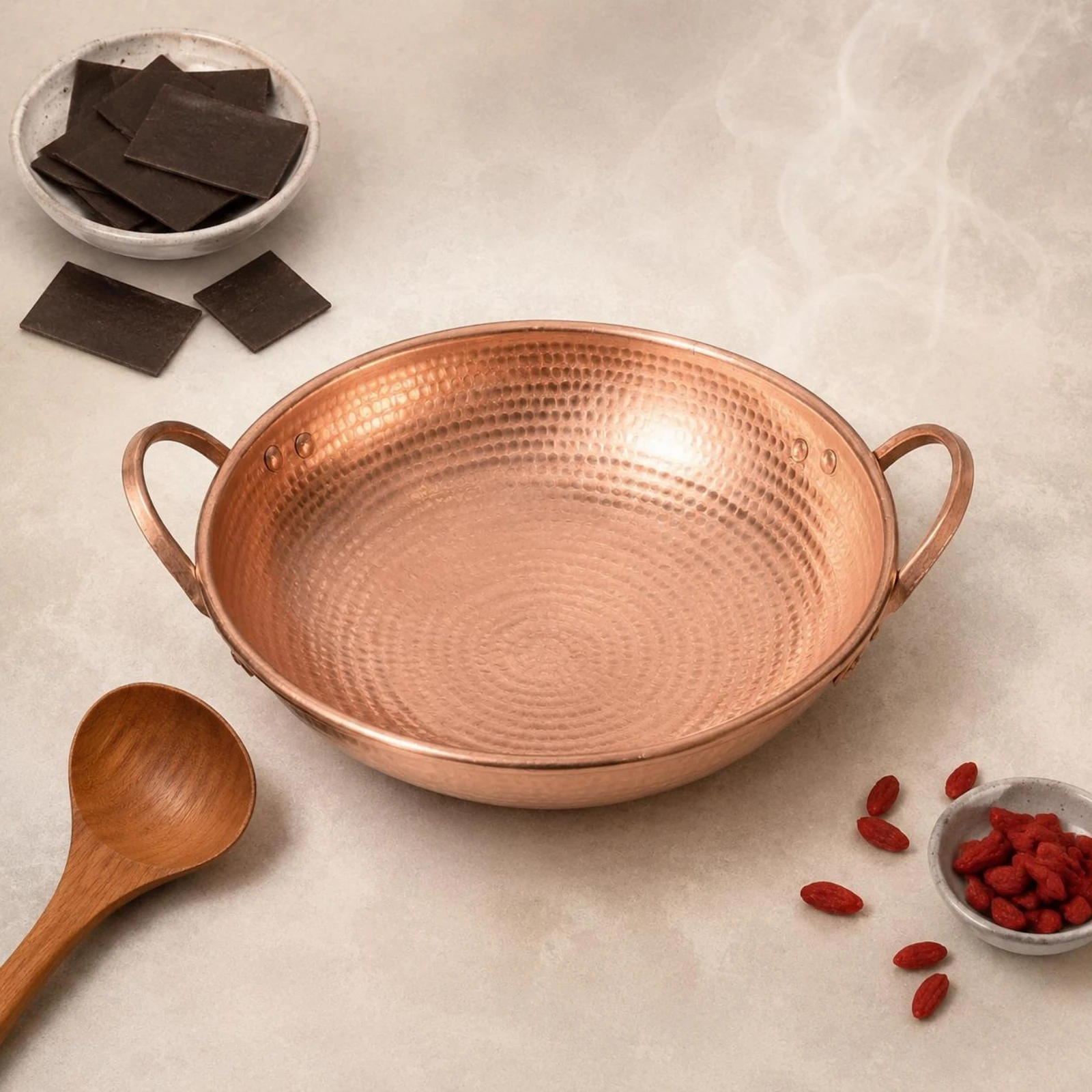 

Handmade Copper Wok Hammered Copper Wok Stir Fry Pan Dimpled Cookware Riveted Handles