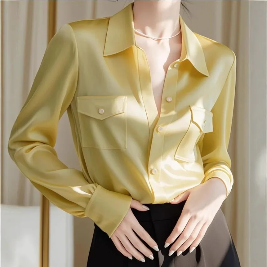 Beautiful temperament commuter professional yellow satin long-sleeved shirt women's spring new small