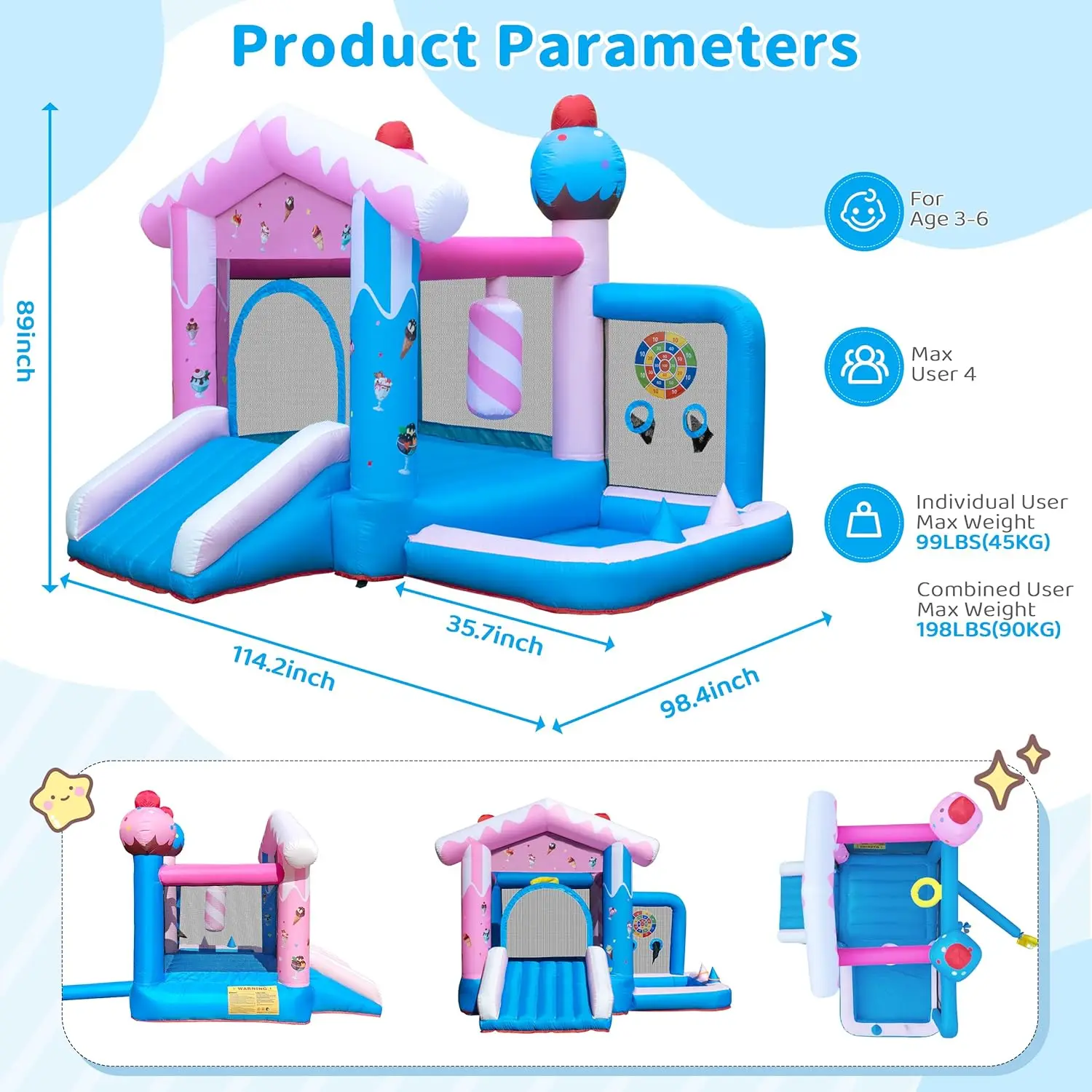 Casa de rebote inflable: casa de rebote 8 en 1 para niños de 3 a 6 años, tobogán de castillo de salto inflable para interiores y exteriores con soplador para B