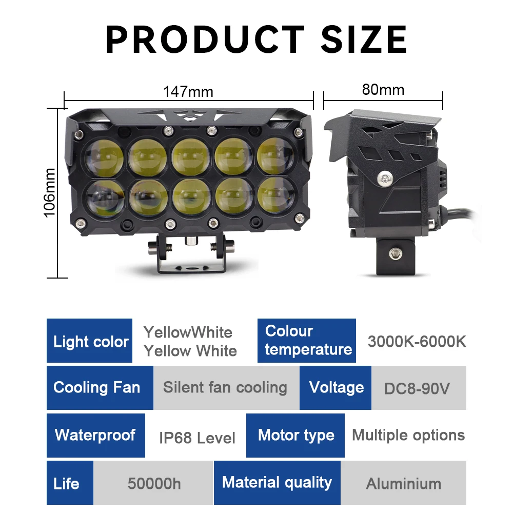 Motorcycle LED Spot Light Dual Color Hi/Low Beam Fog Lamps with Fan for Car Trucks SUV UTV Lens Headlight Driving Light view 6