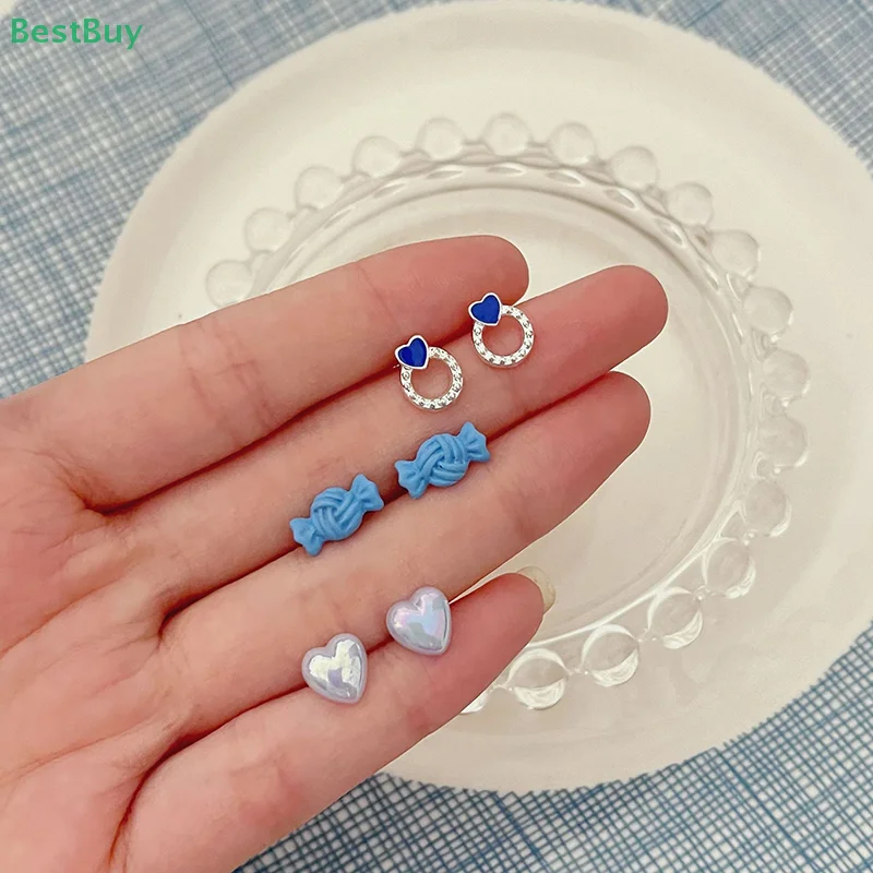 

Fashion Trendy Women's Silver Needle Mini Blue Candy Earnail Set Simple And Cute Girl Daily Wear Jewelry Birthday Gift
