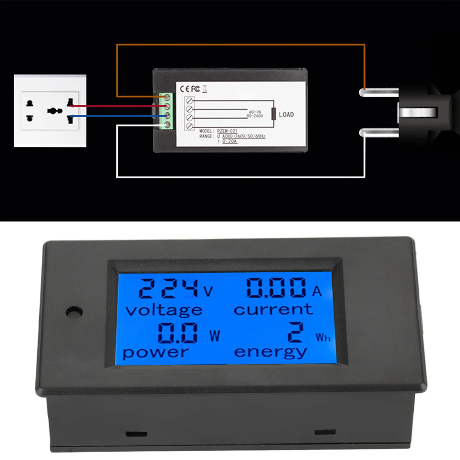 Current Meter Digital LCD Voltmeter PEACEFAIR PZEM-021 LCD Display Digital AC Voltage Current Power Energy Meter 20A AC80-260V
