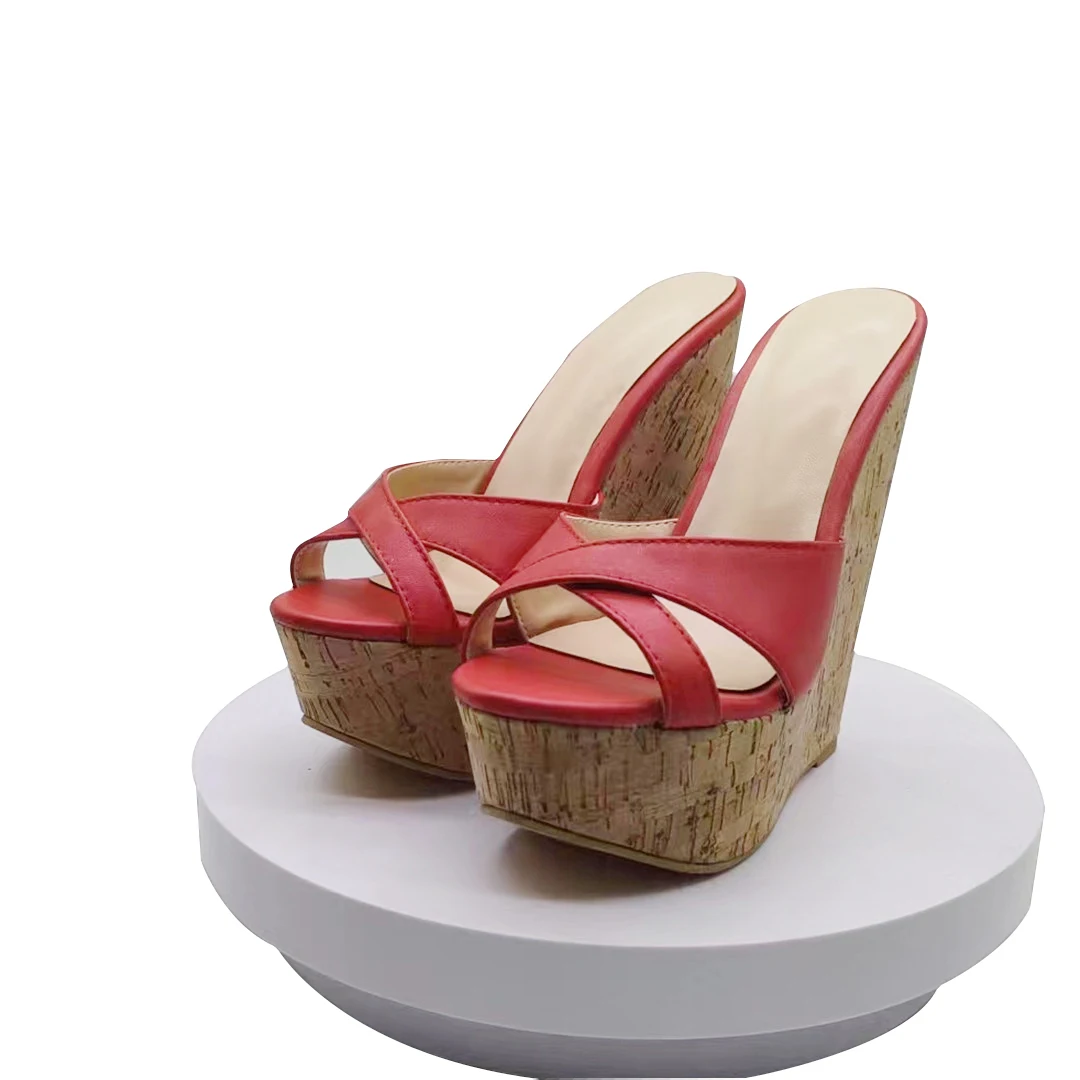 DIZHUANG shoes Fashion women\'s high heeled slippers. About 15 cm heel height. Artificial leather. Wedges heeled slippers.34-46