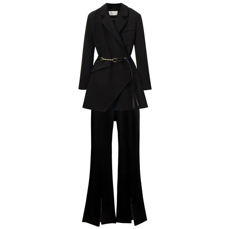 Belt Decoration Asymmetric Slim Jacket Blazer Casual Flared Pants Two-piece Elegant Women Pants Suit Office Manager Outfits