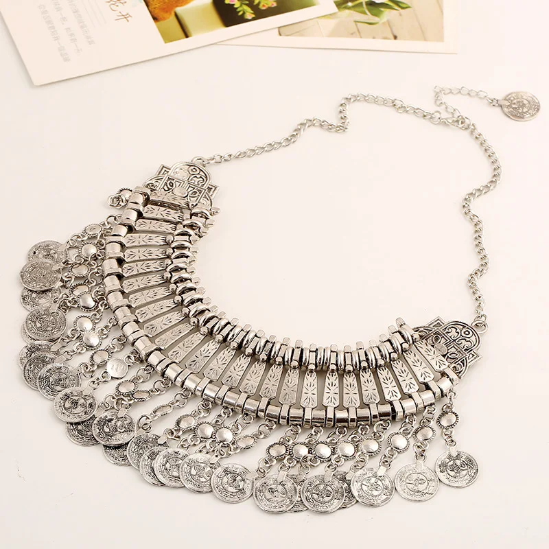 Liffly Bohemia Metal Coin Tassel Statement Choker Necklace Women Boho Afghan Turkish Ethnic Tribal Jewelry