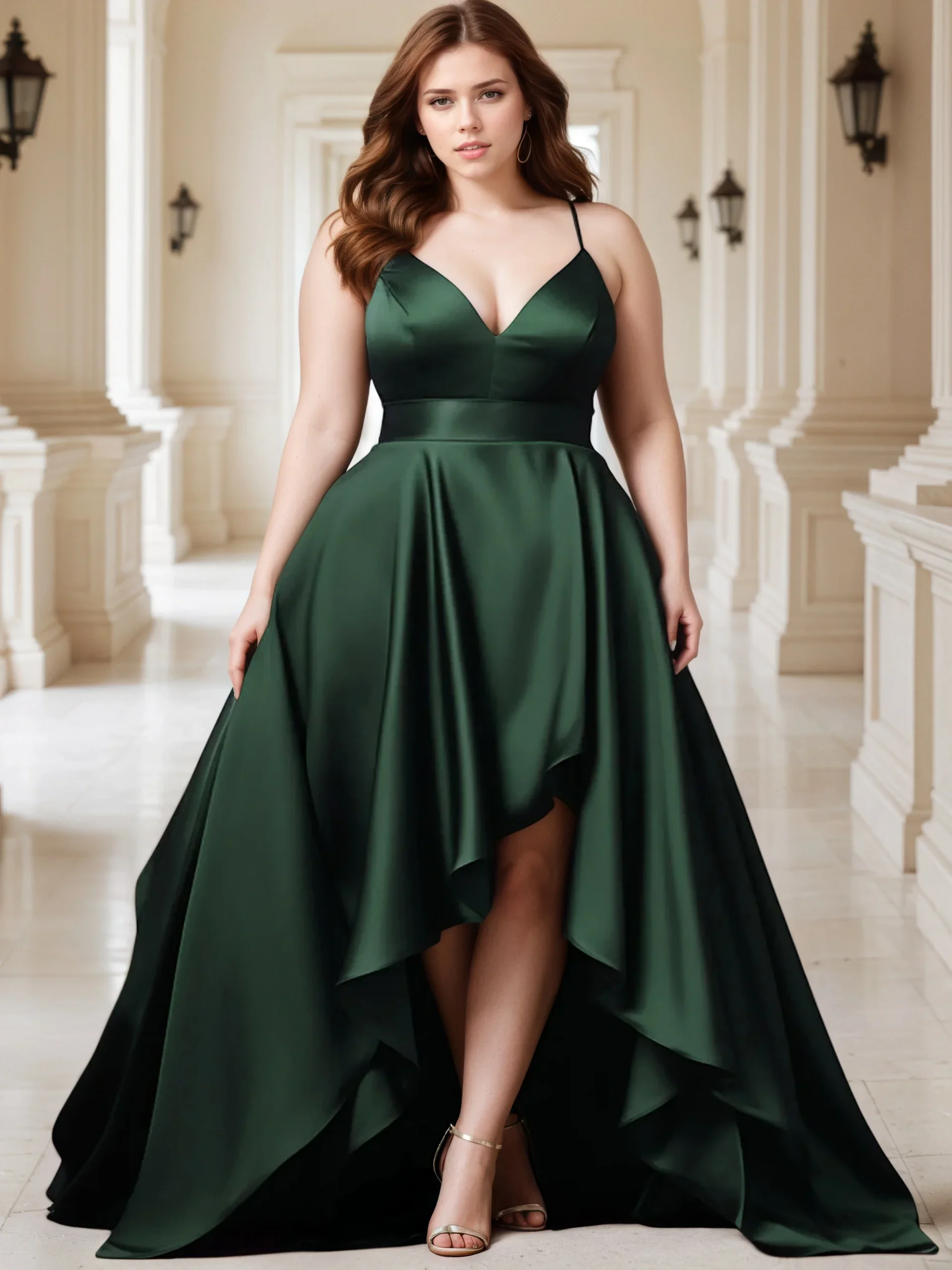 

Plus Size Elegant Party Evening Dress Women Spaghetti Strap Sexy Satin Deep V Neck High Low Hem Prom Maxi Dress Women's Clothing