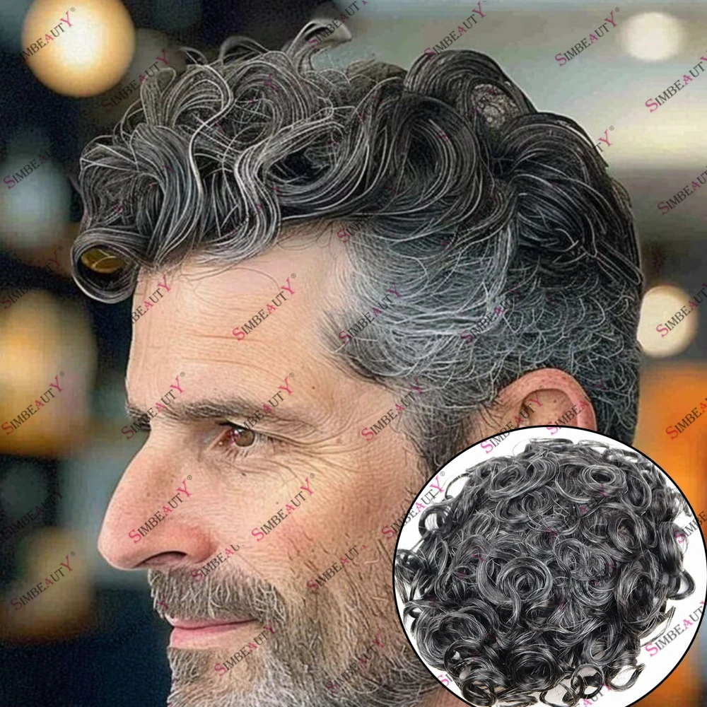 Black Gray Human Hair Men's 28MM Curly Full Skin Durable Capillary Prosthesis Hair System Men's Toupee Hair Replacement Wigs