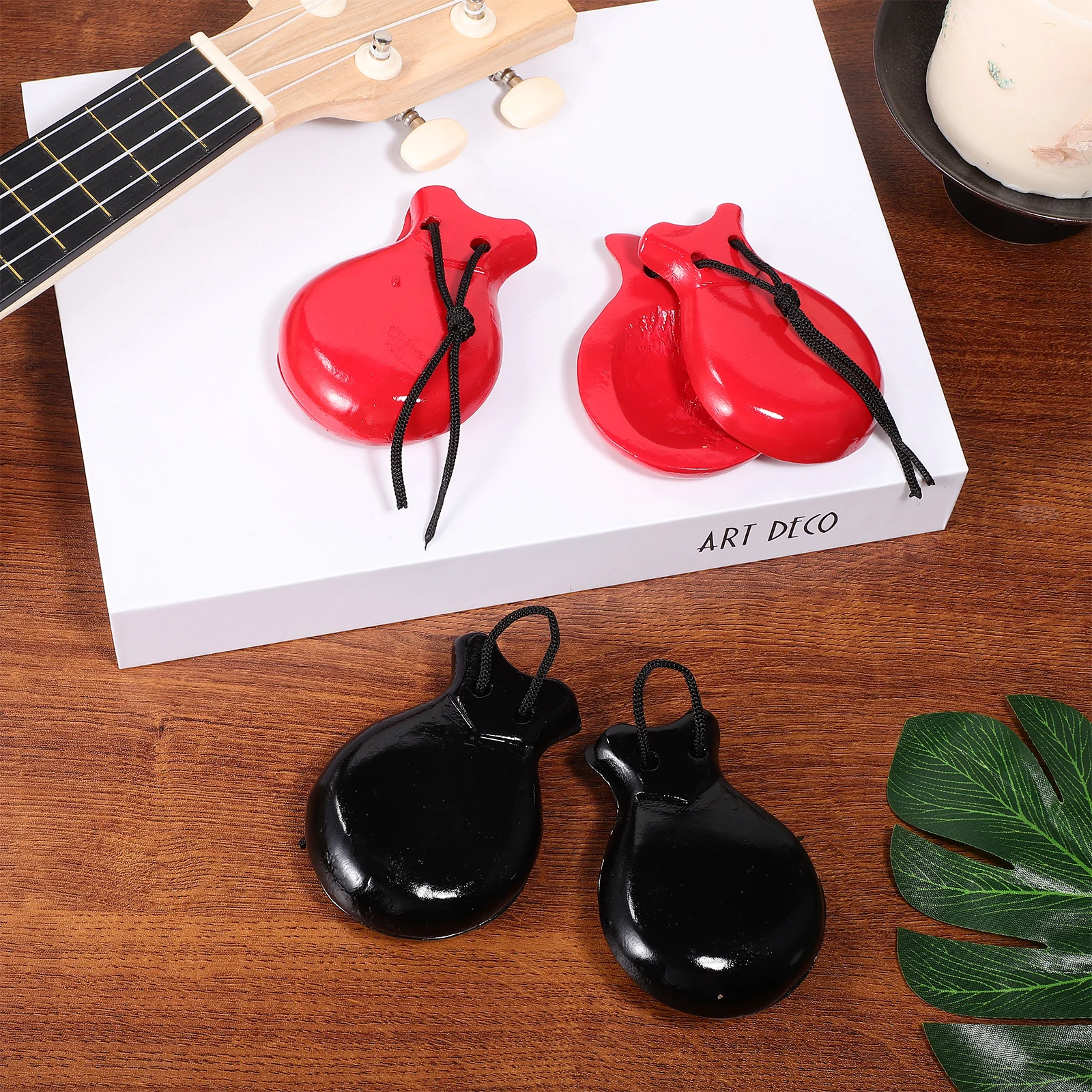 2 أزواج صنجات خشبية باللون الأسود والأحمر للأطفال آلة موسيقية ألعاب قرع صنجات الأصابع سلسة بصوت عال لعبة تعليمية فئة