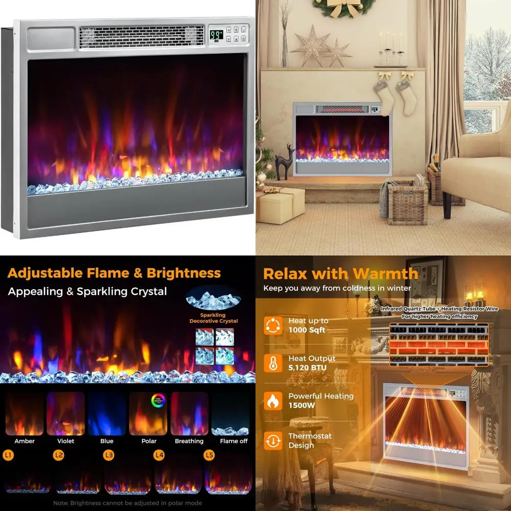COSTWAY Electric Fireplace Inserts 23-inch Wide, 1500W Recessed Fireplace Insert w/Remote Control, 6 Flame Colors, 5 Brightness,