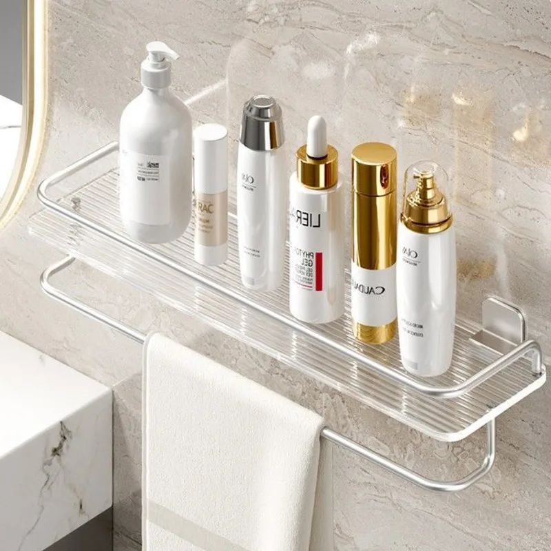 Silver Bathroom Decor Wall Mounted Shelf No Punch Sink Cosmetic Multifunctional Storage Rack Transparent Restroom Organizer