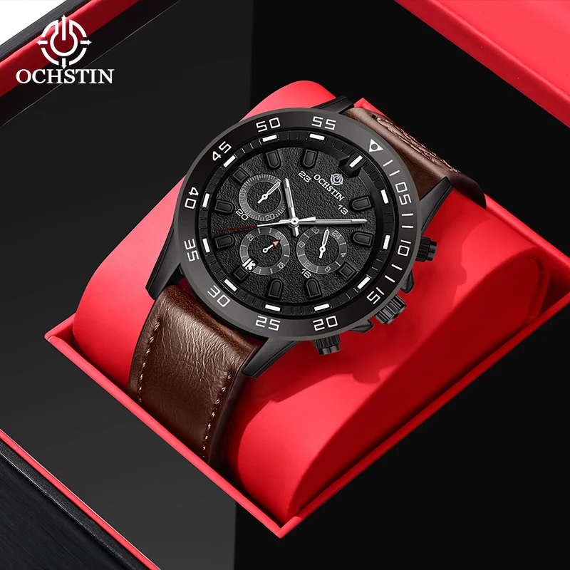 OCHSTIN Men's Leather Strap Multifunctional Quartz Movement Watches Waterproof 24 Hour Display Luxury Pilot Series Male Watch