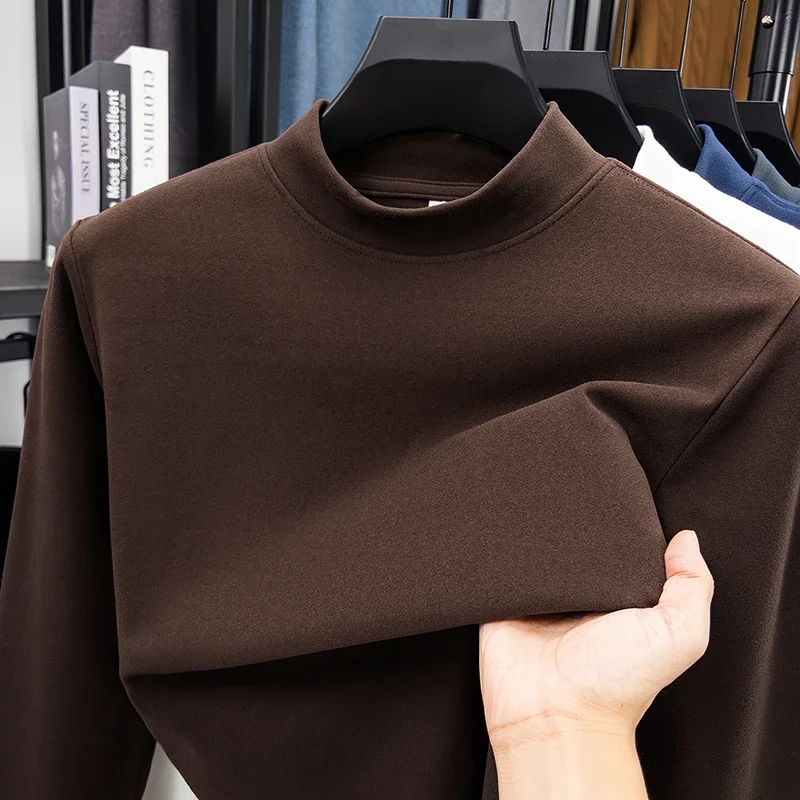 2025 New Men's Casual Solid Color High Collar Velvet Long Sleeve T-shirt Spring and Autumn Versatile Comfortable Top image 6