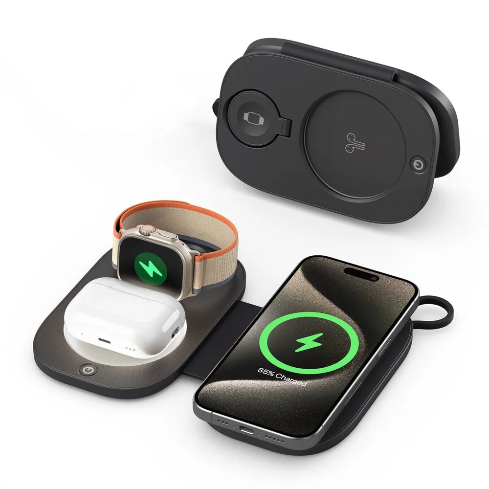 

Портативная магнитная беспроводная зарядная станция 3 в 1 с LED-подсветкой и быстрой зарядкой для iPhone 16, 15, 14, Apple Watch 8 и AirPods