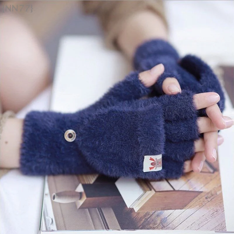 Halbfinger-Flip-Top-Handschuhe für Damen, niedliche Cartoon-warme Strickhandschuhe für Studenten und Mädchen, 1 Paar