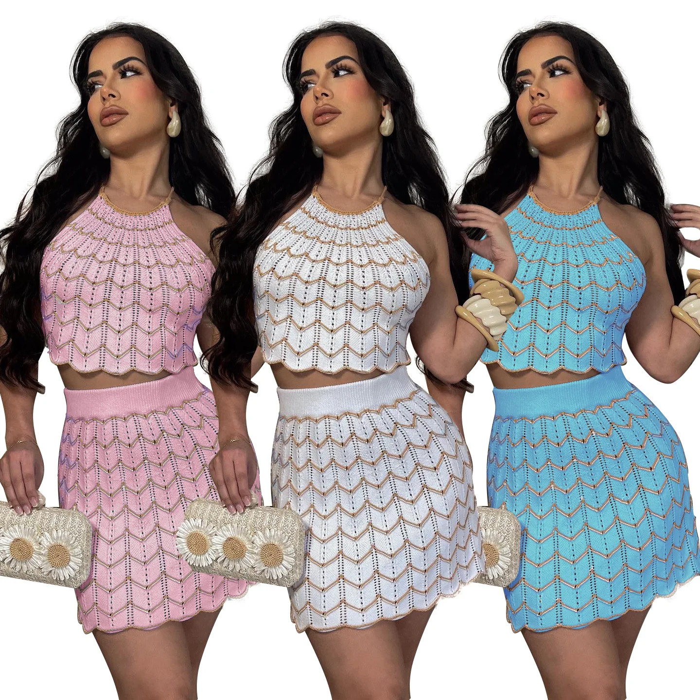 

Beach Knit Two Piece Dress Set Women Hollow Out Wrap Skirt Halter Crop Top Street Outfit 2025 Summer Female 2 Piece Skirt Set