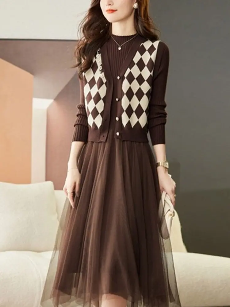 

Spring Autumn Knitted Sweater Vest Mesh Dress Set Women's Commute Style Long Sleeve round Neck Two-Piece Suit Inner Wear