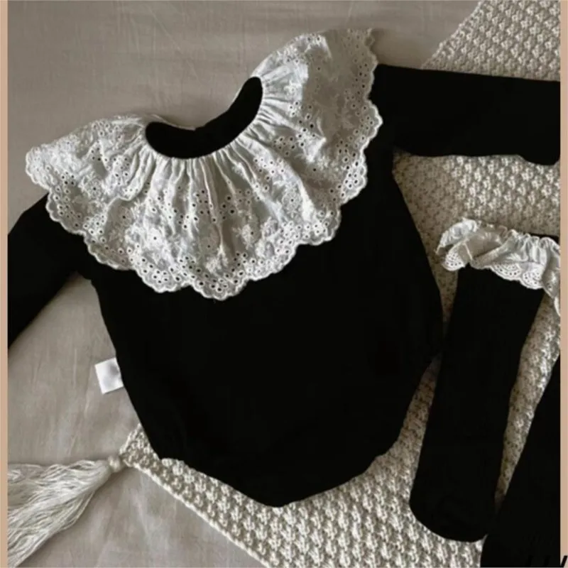 Newborn Baby Girl Black Cotton Lace Collar Romper Infant Toddler Solid Long Sleeve Jumpsuit Spring Autumn Baby Clothes 3M-18M