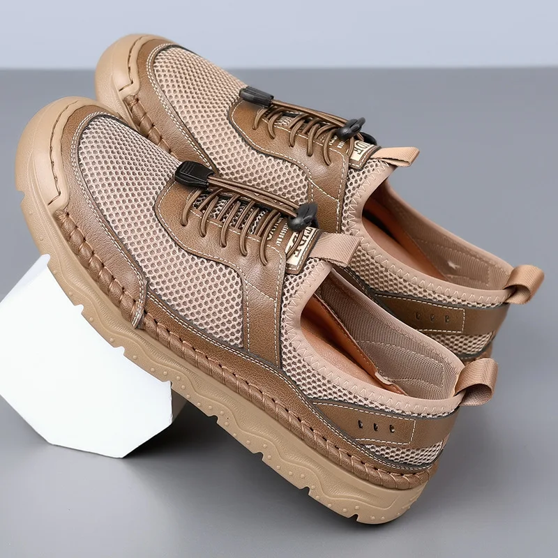 All Match Breathable Comfortable Hollow Cutout Soft Leather Sandal Men's Flats Spring Summer 2026 Casual Shoes for Office Beach