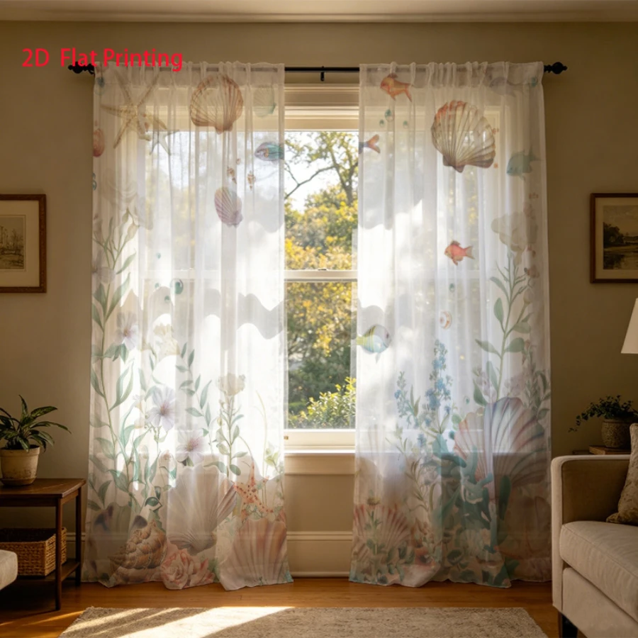 2PCS Digital Printing Sheer Curtain, Colorful Seashells Marine Plants Pattern, Watercolor Ocean Coastal Beach Nautical Decor
