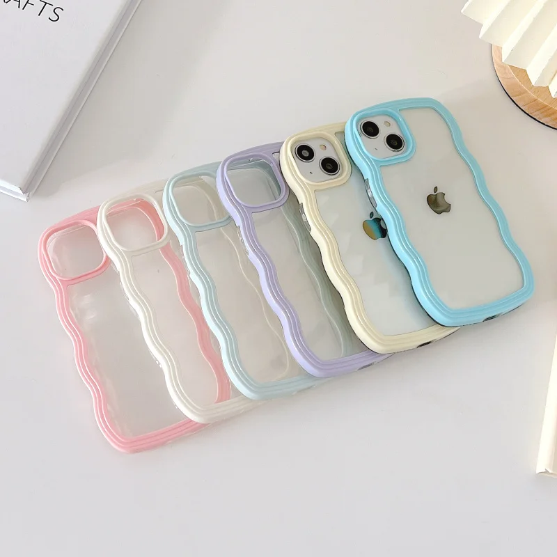 Fashion Chic Wavy Transparent Phone Case For Iphone 11 12 13 14 15 Pro Max X XR XS Shockproof Bumper Pink Blue Purple Cover