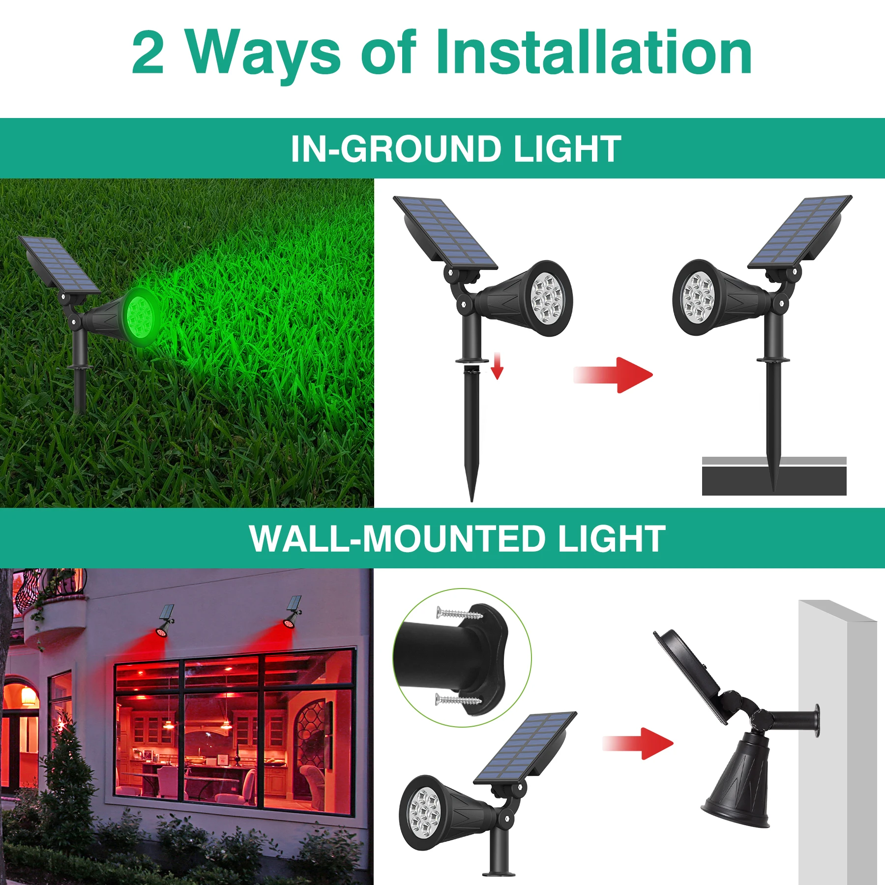 1pc/2pcs 7LED Solar Spotlight Auto Color-Changing Outdoor Lighting Garden Solar Lamp Landscape Wall Light for Decoration