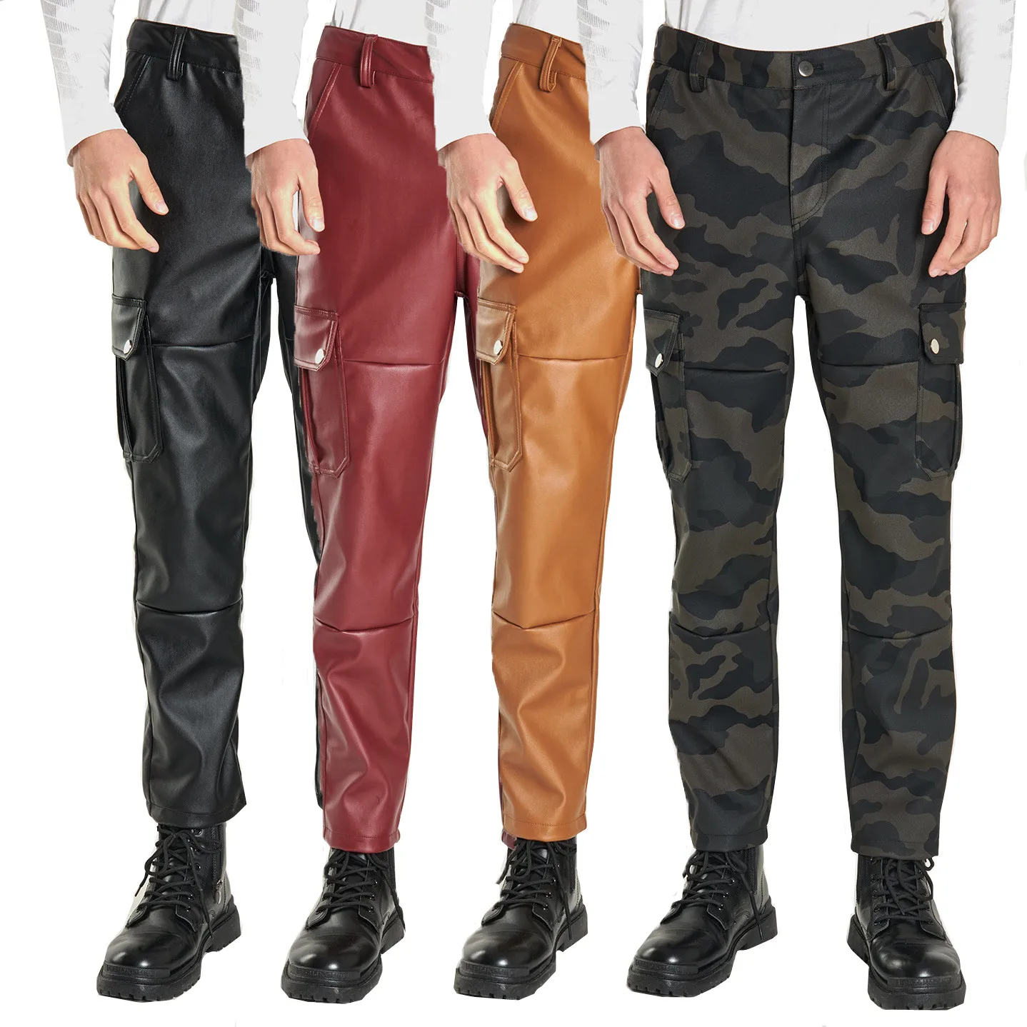 Multi-pocket Men's Casual PU Pants, Fashionable Biker Leather Pants, Windproof and Waterproof Dirt-resistant Trousers,Size S-5XL