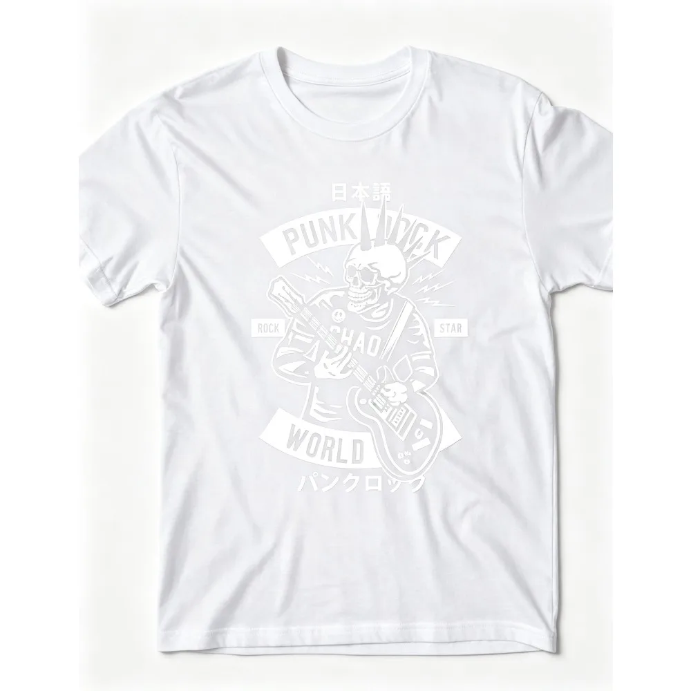 2026 New Punk Rock Skull Guitar Graphic T-shirt, Japanese Letter Art Print, Unisex Round Neck Short Sleeve Street Top