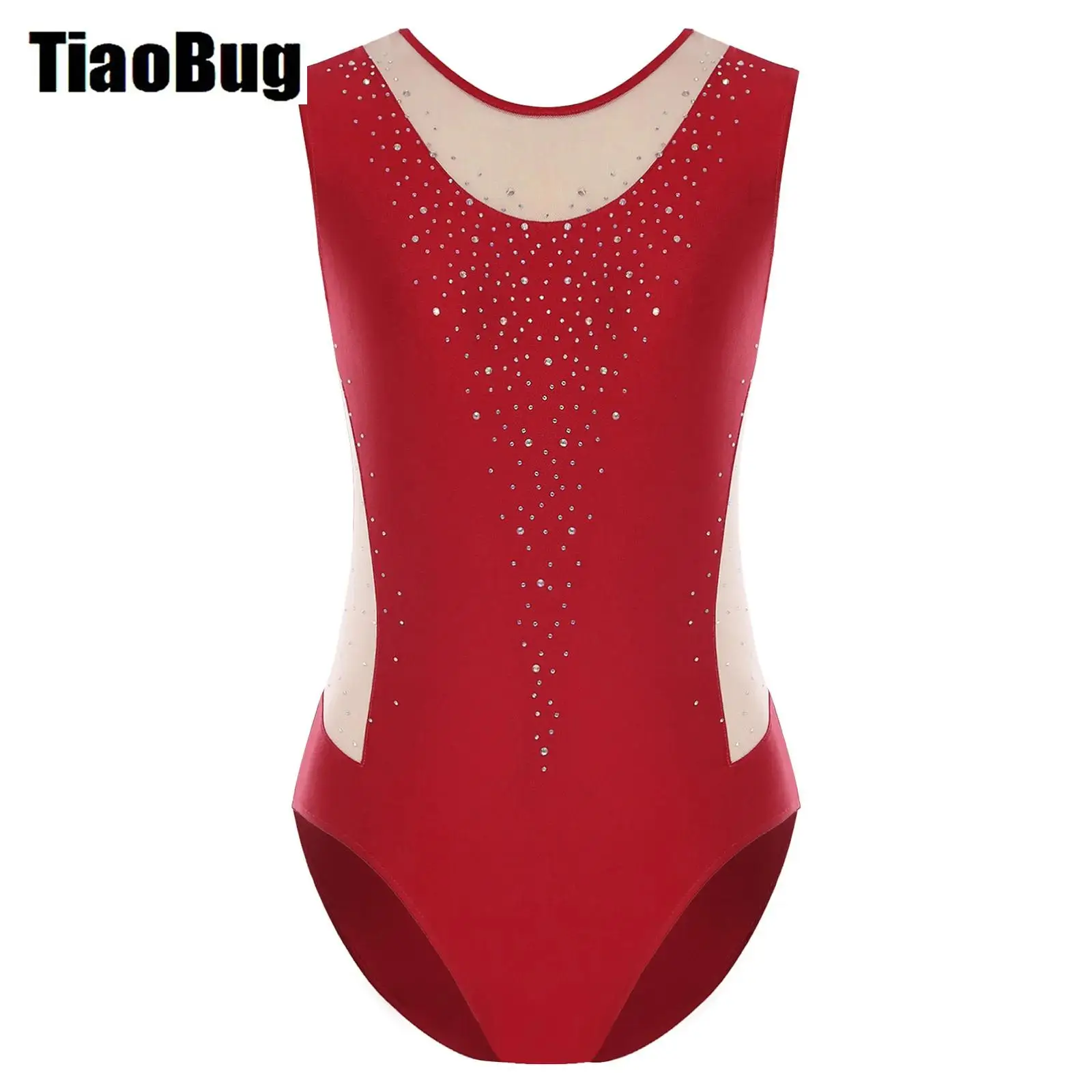

Women Gymnastics Leotard Figure Skating Bodysuit Round Neck Sleeveless Rhinestone Mesh Jumpsuit Ballet Tank Unitards Workouts