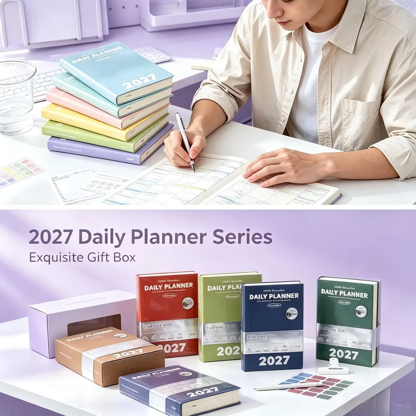 Planwith A5 Notebook PU Cover 2027 Full‑Year Daily Planner Agenda Options 365‑Day  Schedule Book Multi‑Color Time Management