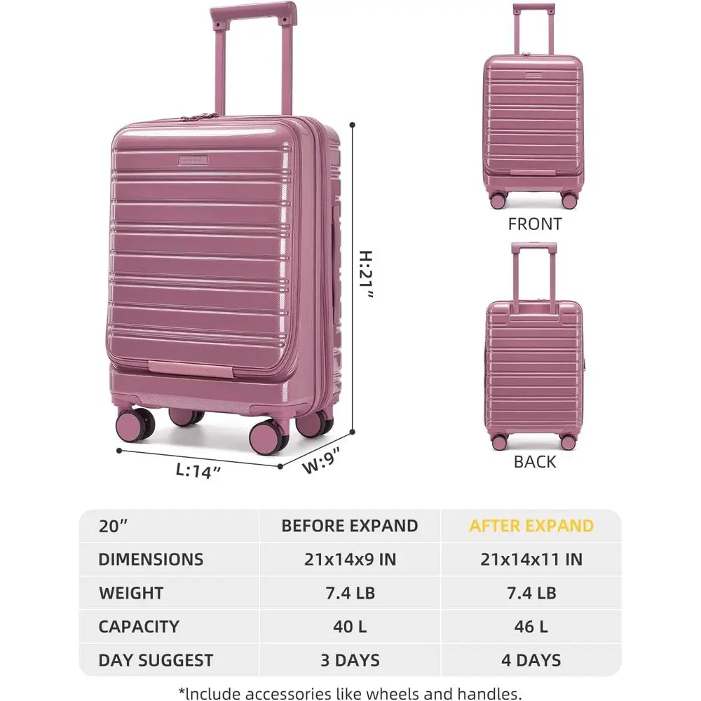 20 Inch Lavender Expandable Carry-On Luggage with Spinner Wheels, TSA Lock, and Front Pocket (Silk Rose)