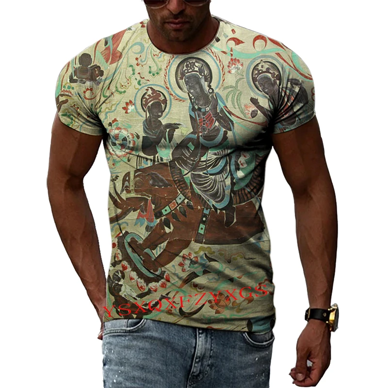 China Dunhuang Mural Art 3D Harajuku Printed Men\'s And Women\'s Summer Short-Sleeved Round Neck Literary Fashion New T-shirt Top