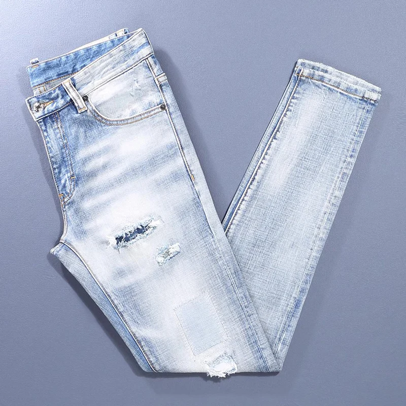 Men Bleached Light‑Blue Gradient Wash Sparse Frayed Ripped Stretch Skinny Denim Jeans Hip‑Hop Streetwear Denim Jeans y2k