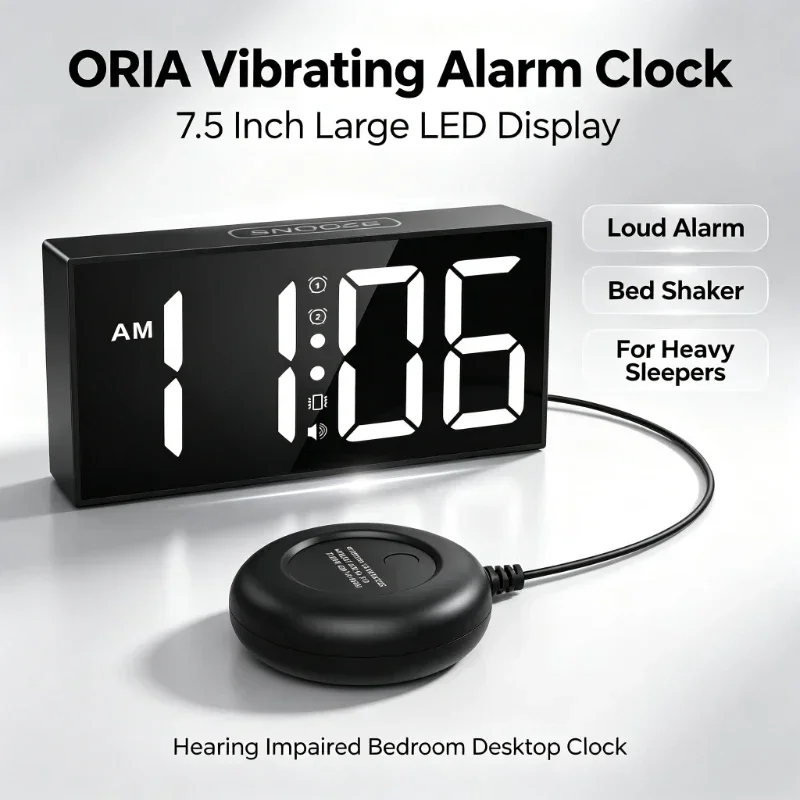 7.5 Inch Vibrating Alarm Clock LED Large Display Loud Alarm Bed Shaker for Heavy Sleepers Hearing Impaired