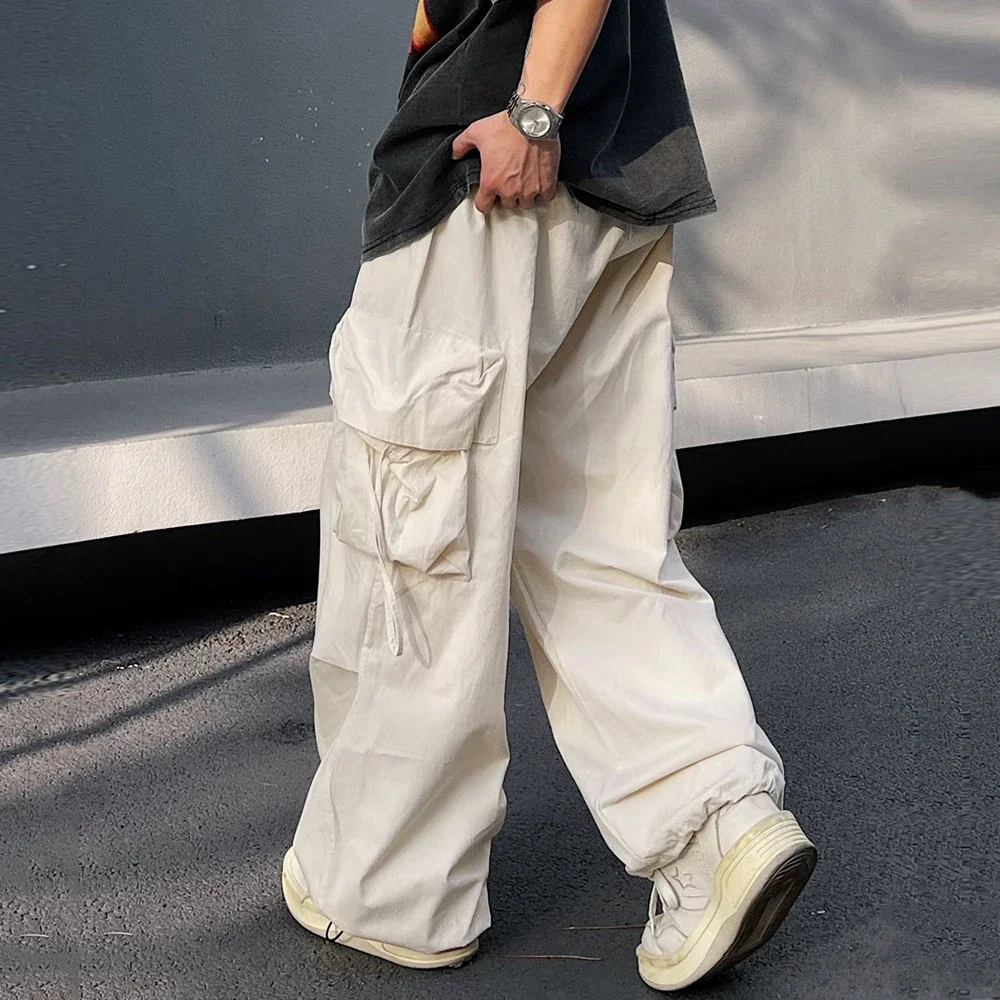 Harajuku Vintage Wide Leg Pants Quick Dry Sweatpants Loose Beige Ice Silk Cargo Pants Japanese Y2K Pants Summer Fashion