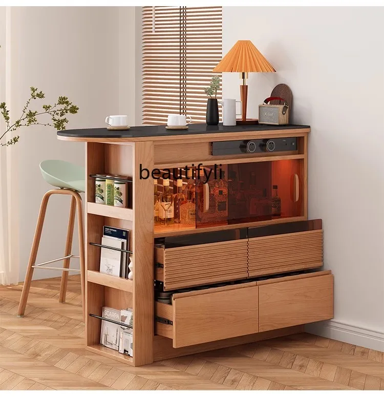 Nordic Bar Cabinet Solid Wood Stone Plate Partition Narrow Wine Chest of Drawers Living Room Storage Storage Sideboard Cabinet