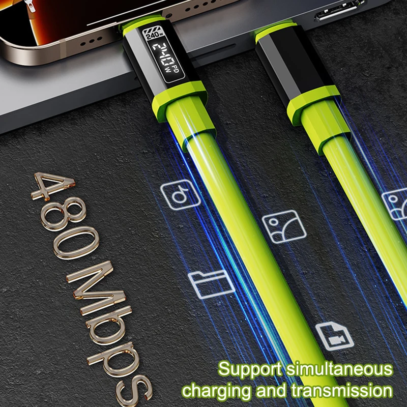 240W USB C Cable With Power Display Fast Charging Charger For  15 16 17   Huawei Phones Type C Cord 1-2m