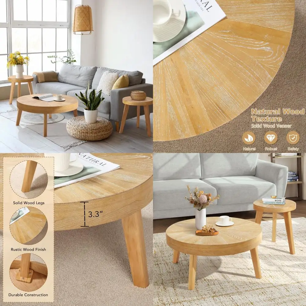 طقم طاولة قهوة مستديرة مكون من 3 قطع على طراز المزرعة مع طاولات جانبية للأريكة البوهيمية ولمسة نهائية من الخشب الطبيعي لمساحات المعيشة والسرير #1