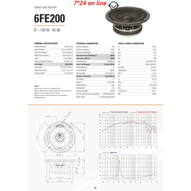 Altavoces Faital originales Italiy 6FE200 6 "-130W-95dB Unidad de woofer de 6 pulgadas Bobina de voz 37 mm Ferrita Mid Woofer 8Ω(1PCS)