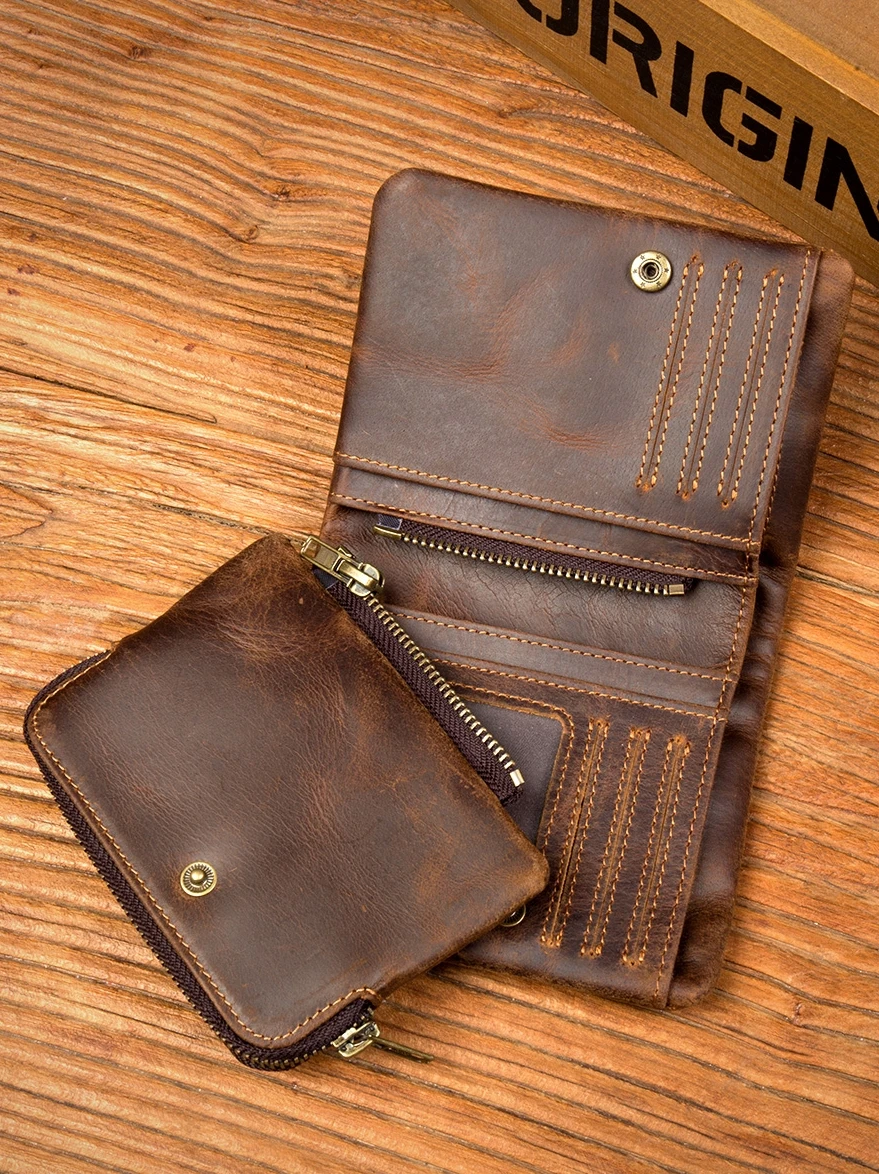 

Fashion Handmade Crazy Horse Leather Wallet Retro Vertical Zipper Wallet First layer cowhide simple old wallet man